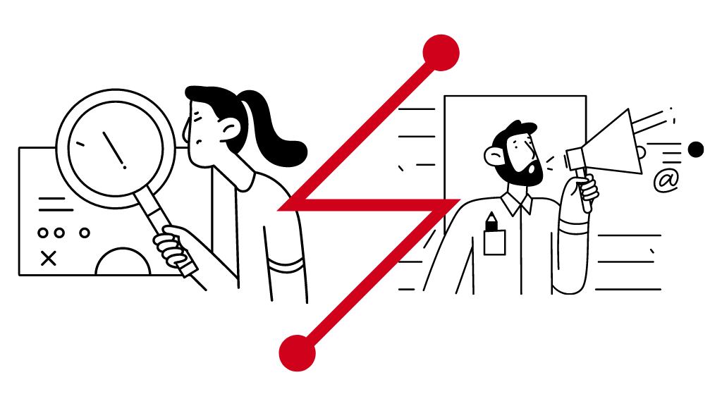 Dos personas una que investiga y otra que comunica, desconectas, separadas