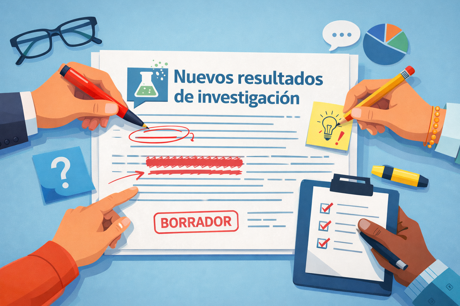 Manos de personal investigador y de comunicación colaboran para redactar la versión final de una nota de prensa. Imagen generada con Inteligencia Artificial. Manos de personal investigador y de comunicación colaboran para redactar la versión final de una nota de prensa. Imagen generada con Inteligencia Artificial.