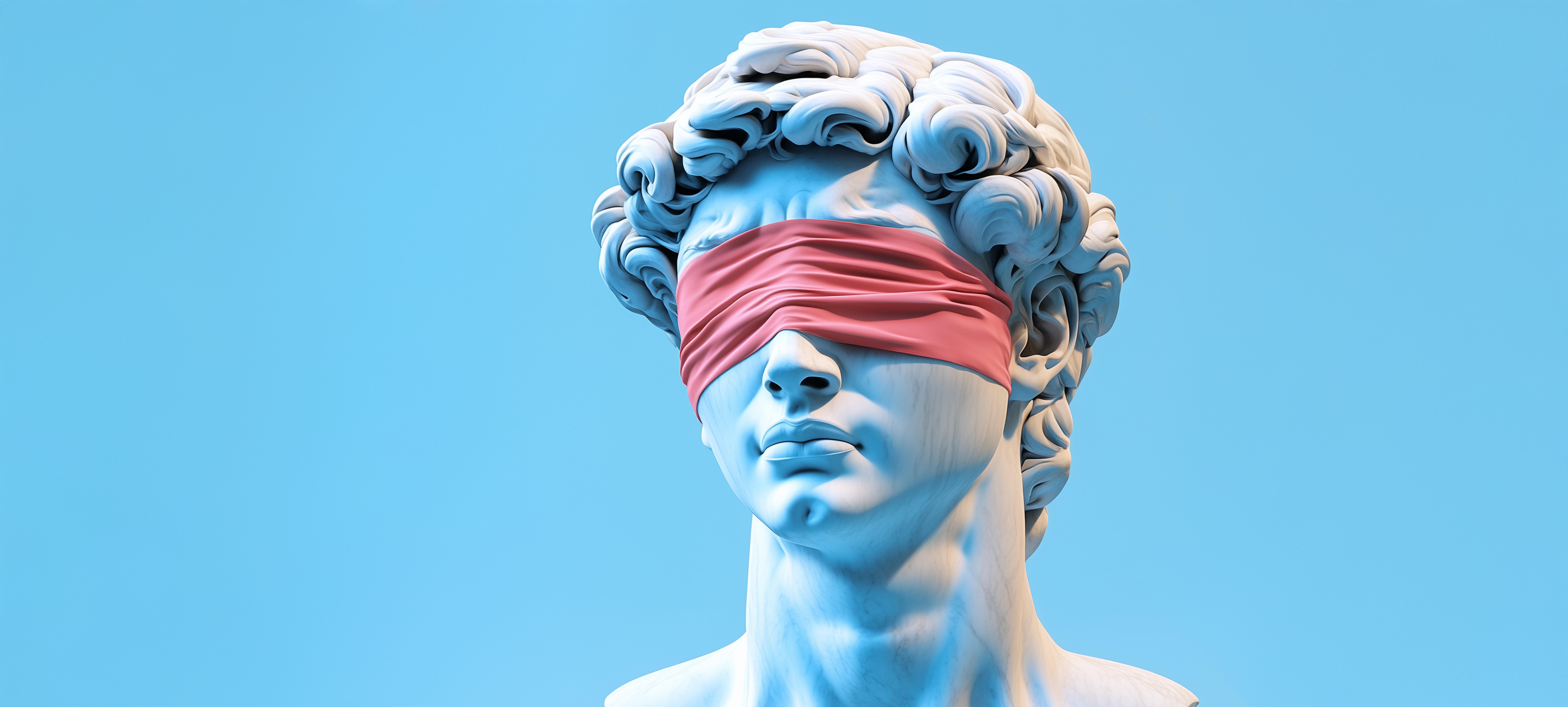 Cabeza de busto clásico de color blanco, sobre fondo azul, con una venda rosa tapándole los ojos. 