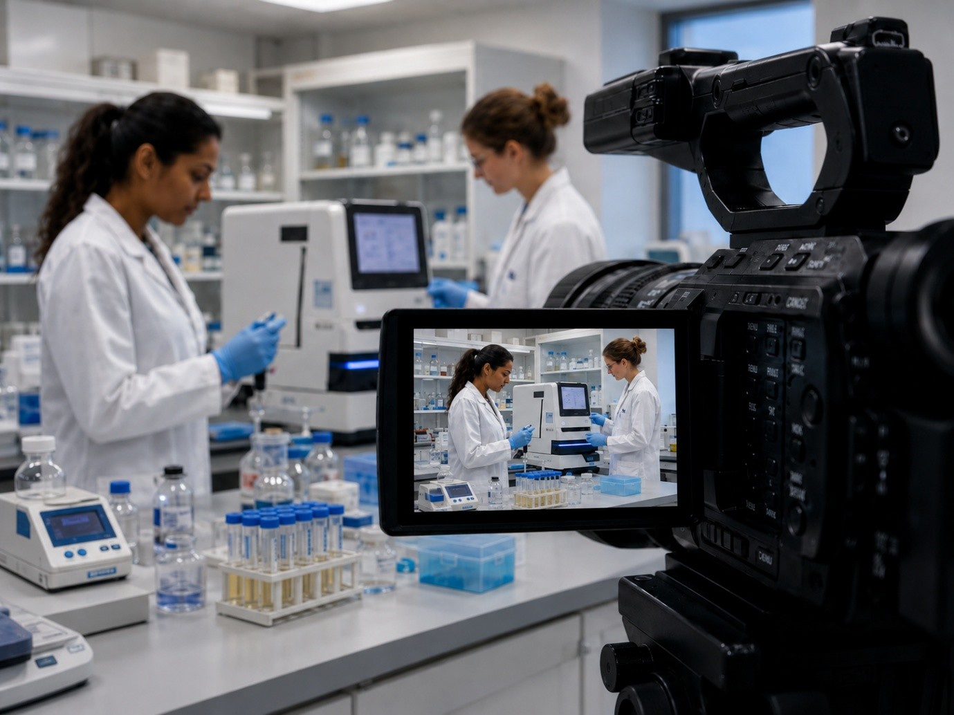 Cámara de vídeo que graba a dos investigadoras trabajando en un laboratorio con batas blancas, guantes y pipetas.