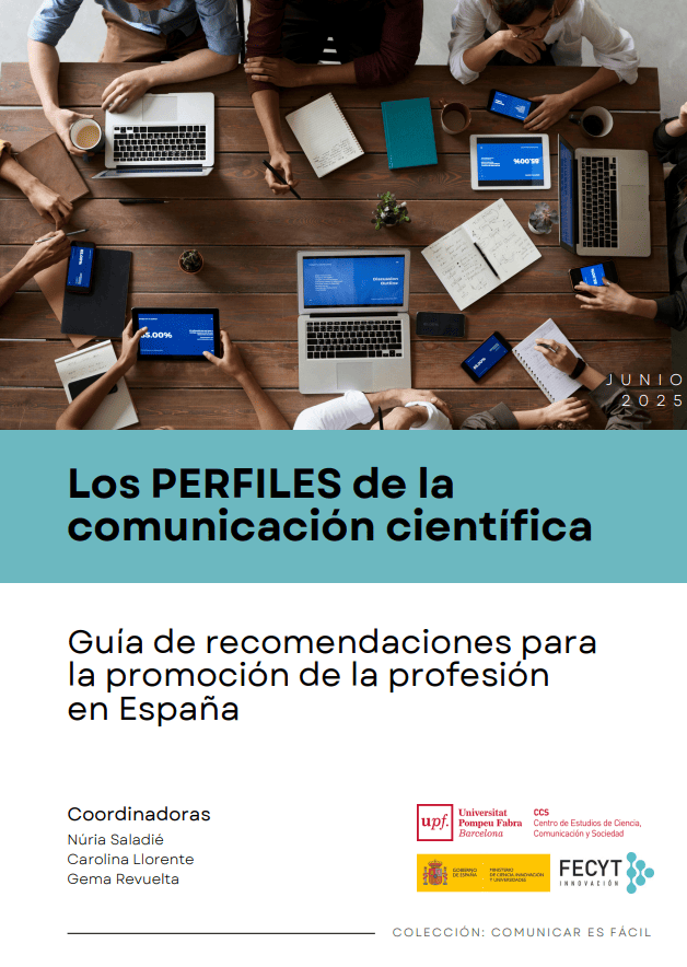 Portada de "Los perfiles de la comunicación científica" Personas reunidas en una mesa con ordenadores, tablets y móviles y el título del documento