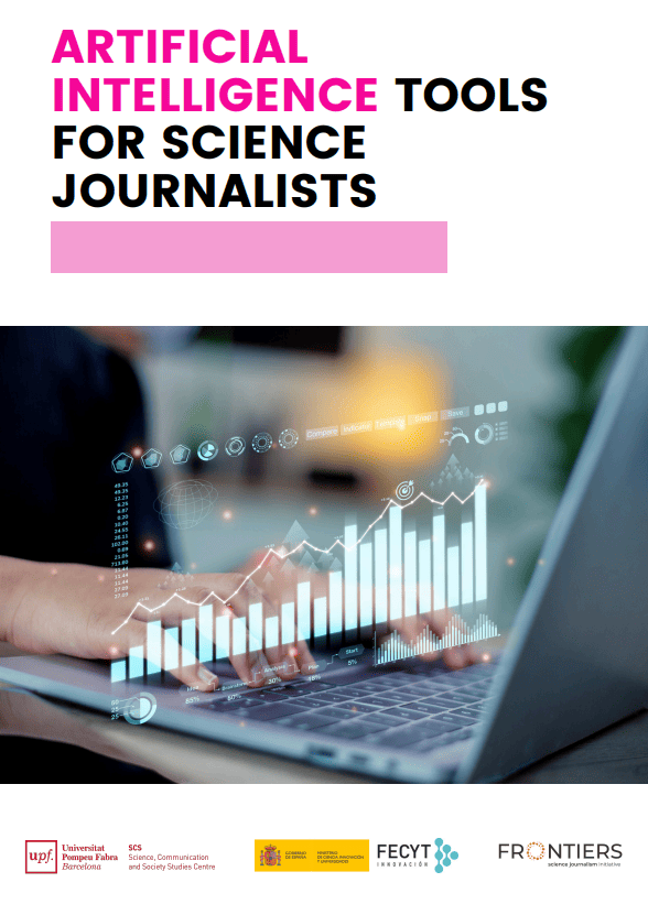Artificial Intelligence Tools for Science Journalists Imagen de portada, las manos de una persona tecleando en el ordenador y el título de la guíade la guía p