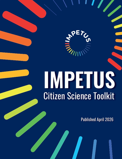 Espiral de líneas de colores alrededor del texto 'IMPETUS Citizen Science Toolkit' sobre fondo azul oscuro