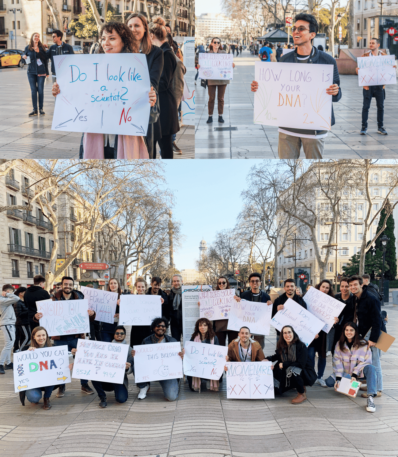 El grupo de personas que componen "Science Guerrilla" en Las Ramblas de Barcelona