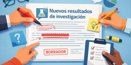 Manos de personal investigador y de comunicación colaboran para redactar la versión final de una nota de prensa. Imagen generada con Inteligencia Artificial. Manos de personal investigador y de comunicación colaboran para redactar la versión final de una nota de prensa. Imagen generada con Inteligencia Artificial.