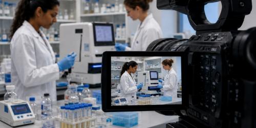 Cámara de vídeo que graba a dos investigadoras trabajando en un laboratorio con batas blancas, guantes y pipetas. Cámara de vídeo que graba a dos investigadoras trabajando en un laboratorio con batas blancas, guantes y pipetas.