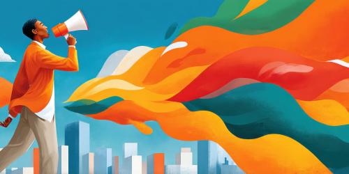 Joven anuncia ideas con un megáfono representadas como ondas de colores en el cielo