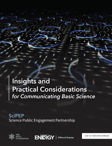 Insights and Practical Considerations for Communicating Basic Science Un fondo negro abstracto, sobre el que se encuentran circunferencias azules y el título de la guía